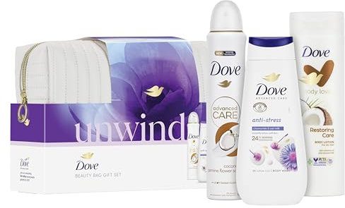 Dove Unwind Beauty Bag Body Wash Shower Gel, Body Lotion and Anti-perspirant Deodorant Gift Set perfect for any occasion 3 piece