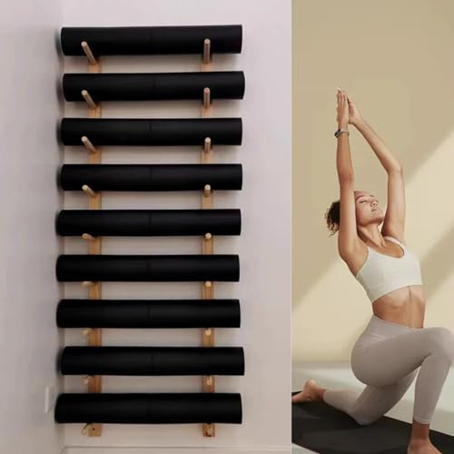 WXPXYBF Wooden Wall-mounted Yoga Mat Holder, Yoga Mat Wall Storage Rack for Foam Roller & Fitness Accessories Wall Hanging Fitness Organizer for Home Office Gym School