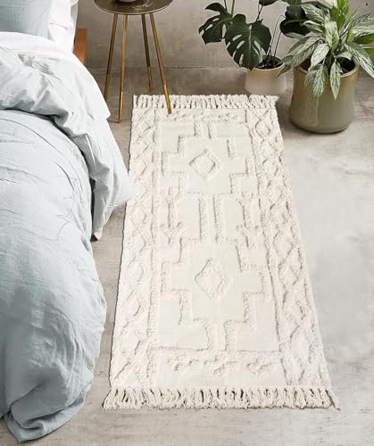 JaeMoose Boho-Flurläufer-Teppich, Baumwolle, waschbarer Küchenteppichläufer mit Quasten, handgewebter Läuferteppich, marokkanischer Teppich für Flure, Schlafzimmer, Badezimmer (Beige, 60 x 130 cm)