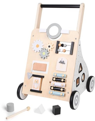 Asweets Lauflernwagen Holz, Montessori Spielzeug Multifunktion Baby Lauflernhilfe, Walking Lernwagen mit Spiegel und Activity Center, Baby Walker Geschenk Für Kinder von 12-36 Monaten, Schwarz - Weiß