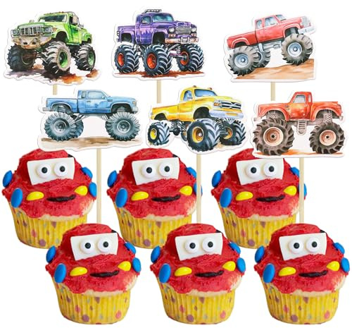 Ephlyn Cupcake-Topper für LKWs, Auto, Motto-Party, Babyparty, Jungen, Mädchen, Kuchendekorationen für Kindergeburtstag, Party, Dekoration, Zubehör, 36 Stück