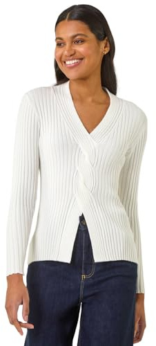 Roman Originals Cable Split Detail Rib Jumper for Women UK - Ladies Everyday Autumn Winter V-Neckline Comfy Soft Evening Vacation Work Party Night Out - Ivory - Size 12