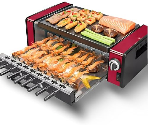Electric BBQ Kebab Grill Machine Auto Rotating Skewers, Non-Stick Double Layer Grill Oven for Indoor Outdoor Camping Smokeless Barbecue with Griddle