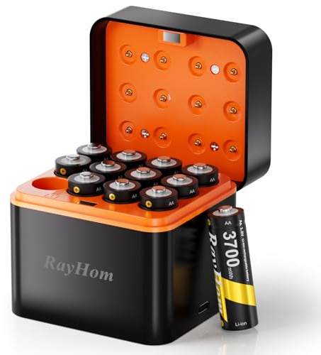 Rechargeable AA Lithium Batteries with Charger-12Pack Double A Batteries for Blink Camera, 1.5V Constant Output 3700mWh High Capacity, Cycle Times Up to 1600, with 12 Slot aa Li-Ion Battery Charger