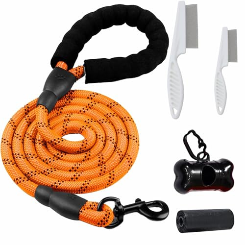 Denipry Dog Lead 5 FT Heavy Duty Nylon Rope Pet Leash with Comfortable Padded Handle, Metal Sturdy Clasp, Highly Reflective Threads Leads for Small Medium and Large Dogs 1/2 inch (Orange)