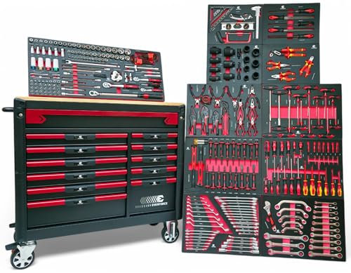 DeTec. Werkstattwagen bestückt mit Werkzeug | 12 Schubladen 11 gefüllt | Werkzeugwagen KFZ mit Holzarbeitsplatte | Werkzeugkasten mit Carbon Optik Einleger befüllt | Abschließbar und Feststellbremse