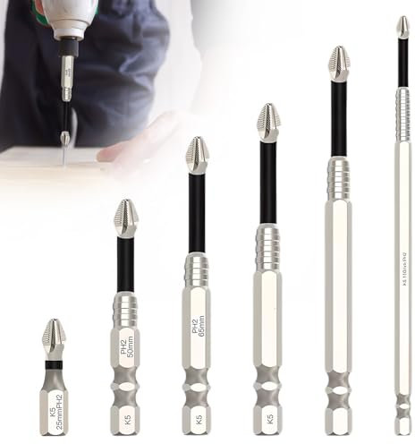 Hex Head Screwdriver Kit, 6pcs Magnetic Anti Slip S2 Steel Bits Set, 1/4 inch Hex Shank, Precision PH2 Drill Bit Set, Compatible with Electric Drill and Driver Tools (6)