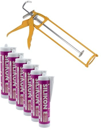 ARLI Kartuschenpresse Skelettpistole aus Metall + 6x Silikon 310 ml transparent Fugendicht Dichtstoff Set für Bad Küche Fenster Abdichtung Heimwerker Renovierung