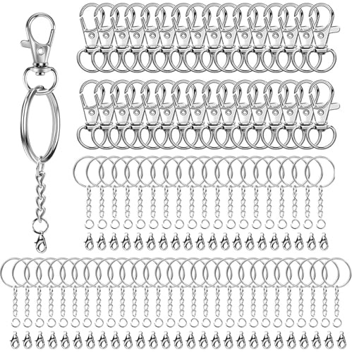 AMSGANK 200 Pezzi Moschettone Anelli Portachiavi Set, Portachiavi Anelli Metallo con Catena Split Key Chains per Fai da Te Artigianato Gioielli Borse Decorazione (Argento)