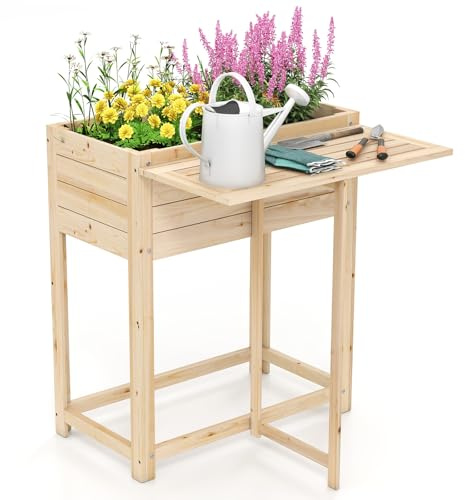 GOPLUS Hochbeet Holz, Gartenbett mit klappbarer Ablage, Blumenkasten mit Abflusslöchern, Pflanzenbehalter für Blumen, Gemüse & Kräuter, Pflanzkasten für Garten, Hof & Balkon, 63 x 67 x 74 cm, Natur