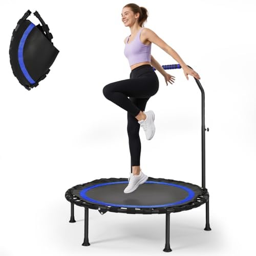 Klappbares Indoor Fitness Trampolin | Ø101cm | Leise & Stabil | Bis 150 kg Tragkraft | Höhenverstellbarer Haltegriff | Mini Trampolin für Erwachsene（Blau）