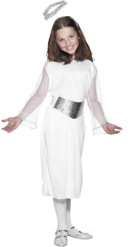 Smiffys Kids Angel Costume, White Dress, Silver Belt & Halo, Girls Christmas Nativity Outfit, Angel Fancy Dress Costume for School Plays, Parties & Festive Events Age 10-12