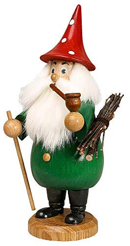 Drechselwerkstatt Uhlig Räuchermännchen Wurzelzwerg grün, Hut rot - 19 cm - Original Erzgebirge Räuchermann