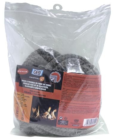 GEB Propfeu Tresse Ronde Extensible en Fibre de Verre pour étanchéité réfractaire des vitres d'insert de cheminée - Diamètre Ø 14 à 13mm - Sachet de 5m de Long, Noir