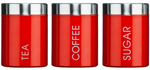 Kabalo Red Set of 3 Tea Coffee & Sugar Canisters Kitchen Storage Containers Jars Pots (10cm x 12cm each)