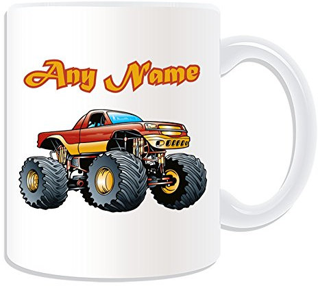 Personalised Gift - Red Monster Truck Mug (Transport Design Theme, White) - Any Name/Message on Your Unique - Car Large Wheels Race Crush Freestyle Competition Vehicle Automobile Driver