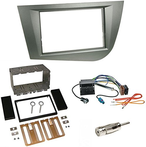 Einbauset: Autoradio Doppel 2-DIN Blende Radioblende grau anthrazit + Quadlock ISO Radio Adapter Adapterkabel mit Fakra + Antenne kompatibel mit Seat Leon (1P/1PN) 09/2005–2010