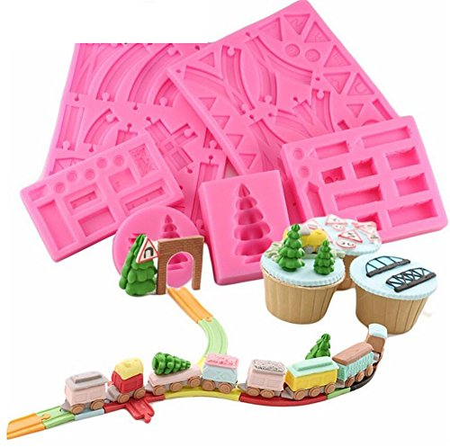 6 pcs 3d Circuit de train en pin Forme Moule à gâteau en silicone, Fondant Savon Résine Moules bébé anniversaire Chocolat outils de décoration de gâteau Moules de cuisson à sucre Sucre Candy