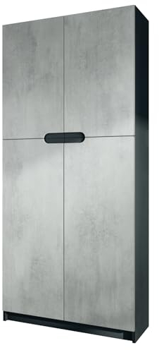 Vladon Meuble Rangement Bureau Logan V1, Armoire de Bureau Haute avec 5 Compartiments et 4 Portes, Noir Mat/Aspect béton oxyde (82 x 185 x 37 cm)