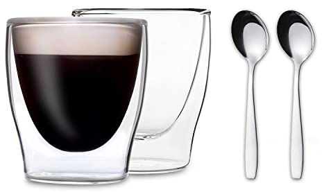 DUOS® Espressotassen Set 2x 80ml + 2x Löffel - Espresso Gläser, Espresso Tassen, Doppelwandige Gläser, Espressotasse, Espressotassen Glas, Thermogläser Doppelwandig Latte Macchiato Gläser Doppelwandig