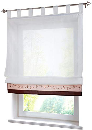 1 Stück Raffrollo mit Stickerei Schlaufen Raffgardine Transparent Voile Vorhang (BxH 100x155cm, Kaffeebraun)
