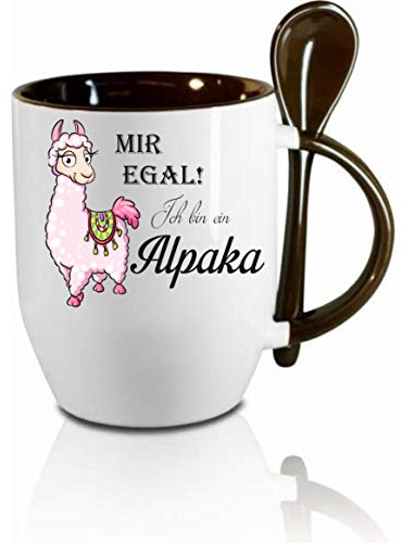Tasse m. Löffel Mir egal - ich bin ein Alpaka Löffeltasse, Kaffeetasse m. Motiv,Bürotasse, bedruckte Tasse mit Sprüchen oder Bildern - auch individuelle Gestaltung nach Kundenwunsch (schwarz)