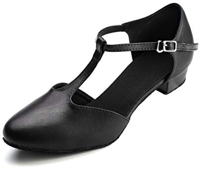Dress First Flats Dance Shoes Women Low Heel Genuine Leather Pumps T-Strap Latin Ballroom Salsa Shoes,1, Black, 6.5 UK