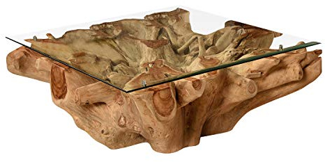 Vakarua Couchtisch 100x100 Wurzelholz Amazonas Sofatisch Glas Wohnzimmertisch Holztisch