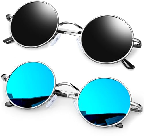 KANASTAL 2er Set Runde Sonnenbrille Herren Damen Retro Polarisierte Sonnenbrille Rund mit Metallrahmen 90er Hippie Rave Brille UV400 Schutz, Polarisiert Schwarze und Verspiegelt Blaue