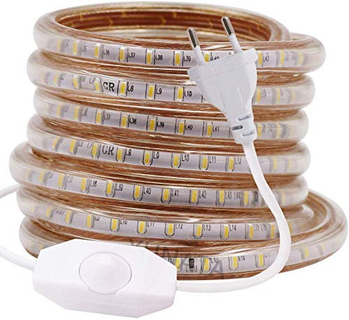 XUNATA 15m Dimmerabile Strisce LED 220V con Interruttore Dimmer, SMD 3014 120LED / m, IP65 Impermeabile, Flessibile Striscia a LED per Scaletta Tetto Cavi da Cucina Decorazione- Bianco Caldo