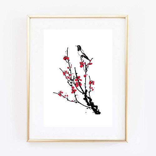 Kunstdruck Din A4 ungerahmt Vogel, Zweig, Strauch, Blüten, Asiatische Kunst, Asien, Tuschemalerei, Druck, Poster, Bild