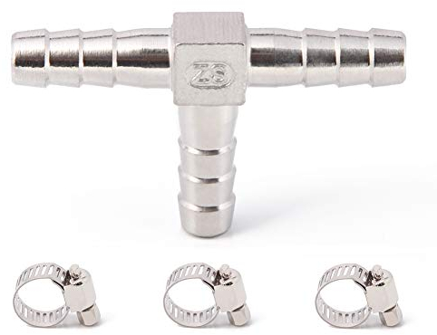 T-förmiger Schlauchverbinder, 1,27 cm, Edelstahl, 3-Wege-Schlauchstutzen, T-förmiger Co2-Splitter mit 3 Schlauchschellen
