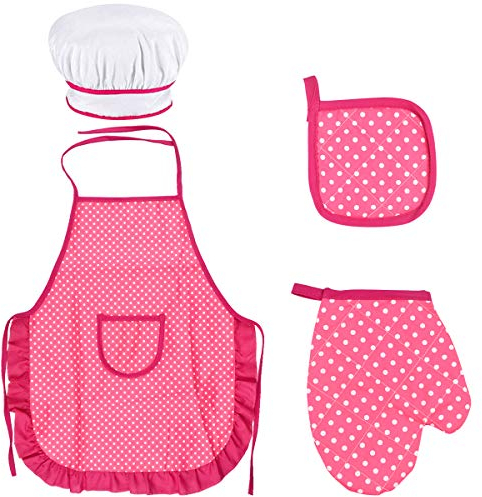 Ensemble chef pour enfants, réglable tablier cuisine pour tout petit avec Chapeau Chef, Gant de Cuisine pour Enfants, Tapis Résistant à La Chaleur Garçons Filles de 3 à 8 Ans (Rose Rouge)
