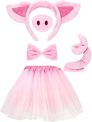 WILLBOND Schwein Kostüm Set Tutu Rock Kostüm Set Tier Phantasie Kostüm Kit Zubehör Schweine Ohren Nase Schwanz Fliege Tutu Rock für Kinder (L)