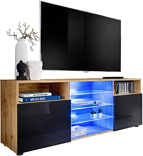 ExtremeFurniture T38 TV Lowboard, Karkasse in Wotan Matt/Front in Schwarz Hochglanz mit LED in Blau