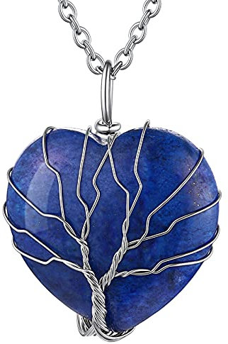 FOCALOOK Collier Lapis Lazuli Véritable Femme Collier Coeur Arbre de Vie Pierre Naturelle de Naissance Septembre Chaîne Acier Ajustable