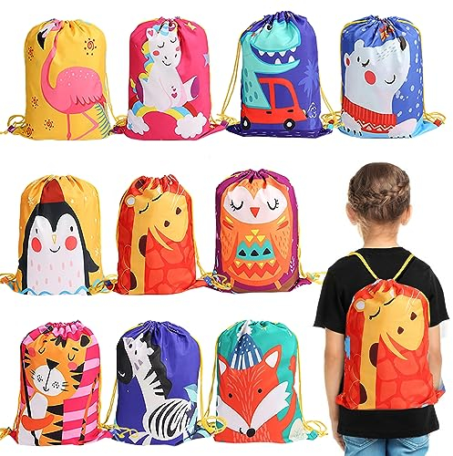 kramow Mochila con Cordón para Niños Niñas, Set de 10 Bolsas de Cuerdas Infantiles, Mochilas de Tela para Fiestas de Cumpleaños, Navidad, Regalos, Viajes, Party Bolsas fiesta de cumpleaños