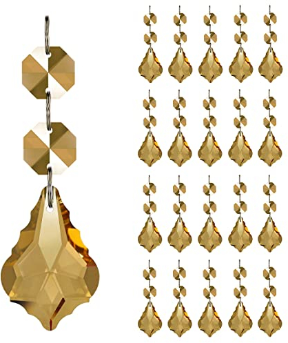 GOLDENHAITAI Kronleuchter-Prismen, Kristall, Ahornblatt, Kronleuchter, Prismen, Ersatzanhänger, verbundene Glasperlen, Kette für Hochzeit, Weihnachtsdekoration, 38 mm (Champagner), 20 Stück