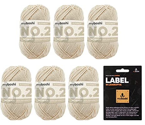 myboshi No.2 inkl. Label, Baumwolle zum Häkeln, Baby Wolle, vegane Wolle zum Stricken, Wolle 60 Grad waschbar, für Baby und Amigurumi, 50g, Ll 100m Beige (Elfenbein), 6 Knäuel