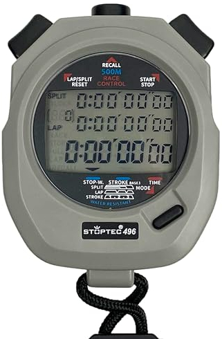 STOPTEC Stoppuhr 496 | 3-Zeilen Display | 500 Memory | Schlagzahlmessung | Race Control | Uhrzeit & Datum | Spritzwasserfest | Einfacher Batteriewechsel