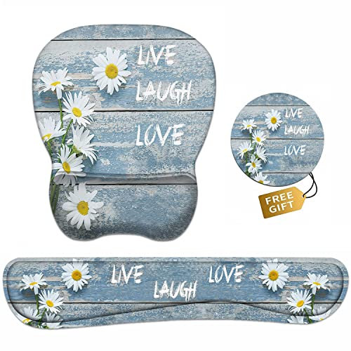 Mouse Pad Wrist Support and Keyboard Wrist Rest Set with Coasters, Dreamy Daisy Vintage Wood Board Live Love Laugh with Non-Slip PU Base Ergonomic Mousepad for Home Office Working Studying