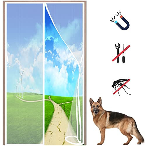 Double Door Magnetic Fly Screen - 180x180 cm - Heavy Duty Mesh Curtain with Magnets & Bottom Weight bar - Sn-aps Shut Automatically for Patio - Sliding - Large Door - White