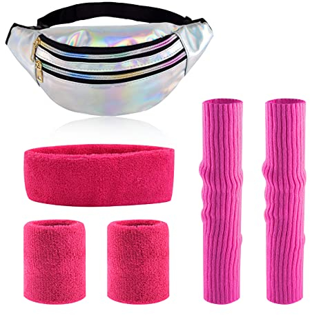80er 90er Jahre Gürteltasche Damen Bauchtasche Metallic mit Rosenrot Armbänder und Stirnband Stulpen Set für für 80er 90er Kostüm Fasching Karneval, Glänzendes Silber