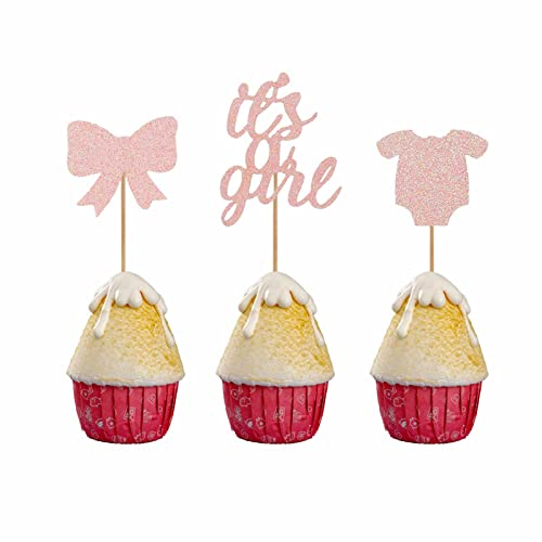 36PCS Baby Cupcake Toppers Probuk It's a Girl Glitter Baby Shower Geburtstagsfeier Cake Dekoration Herz Kuchendeko Baby Overalls Tortendeko Gender Reveal Party Dekorationen für Babyparty, Jubiläen