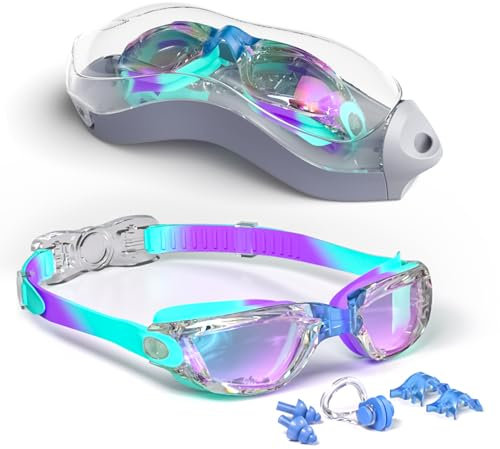 Hurdilen Lunettes de natation pour enfants, lunettes de natation pour enfants et enfants, lunettes de natation anti-buée anti-UV avec clip de nez, bouchons d'oreille pour enfants de 3 à 15 ans