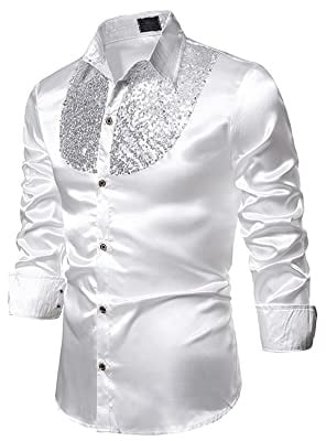 YILEEGOO Herrenhemden aus glänzendem Satin, Pailletten, Knopfleiste, langärmelig, schmale Passform, Disco, Party, Abschlussball, Hochzeit, Kostüm