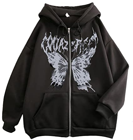 Tomwell Y2K Jacke Damen Oversized Hoodie Winter Pullover Casual Bedrucken Kapuzenpullover Langarm Sweatjacke Reißverschluss Sweatshirt C Schwarz S