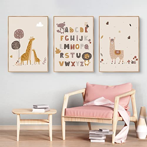 3er Set Poster Niedliches Tier Buchstaben Nummer Kinderzimmer Deko Bilder Set Junge Mädchen Babyzimmer Kinderbilder (Stil 1,21x30cm)