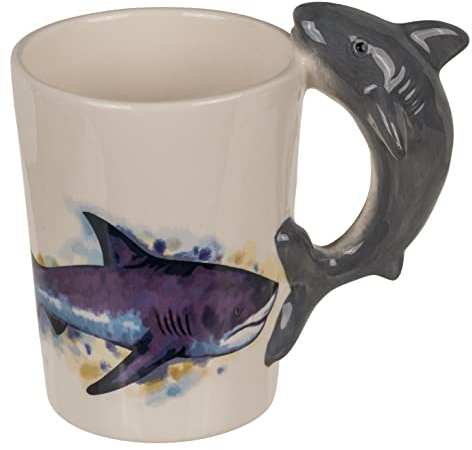 MIJOMA Ceramic Coffee Mug, Tea Mug with Animal Motif Handle, Hand-Painted 3D Mug for Animal Lovers, Animal Friends, Coffee, Tea, Cocoa, 11 x 8.5 cm, 300 ml (Shark)