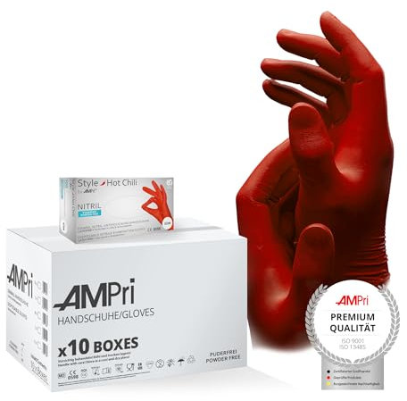 AMPri Nitrilhandschuhe, rot, 10 Box a 100 Stk, Größe L, puderfrei, Style Hot Chili by Med-Comfort: Nitril Einmalhandschuhe, Einweghandschuhe in den Größen XS, S, M, L, XL